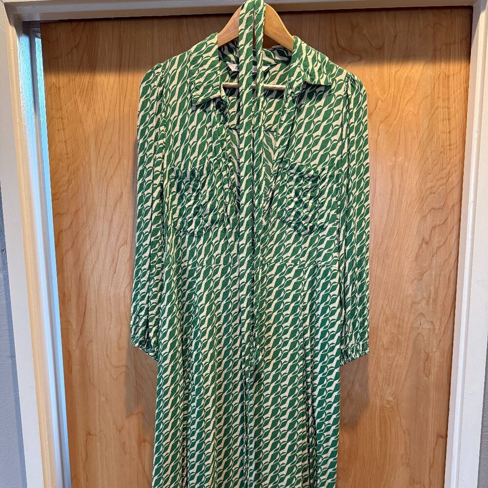 Zara Green and Cream Print Midi Belted Button Front Dress